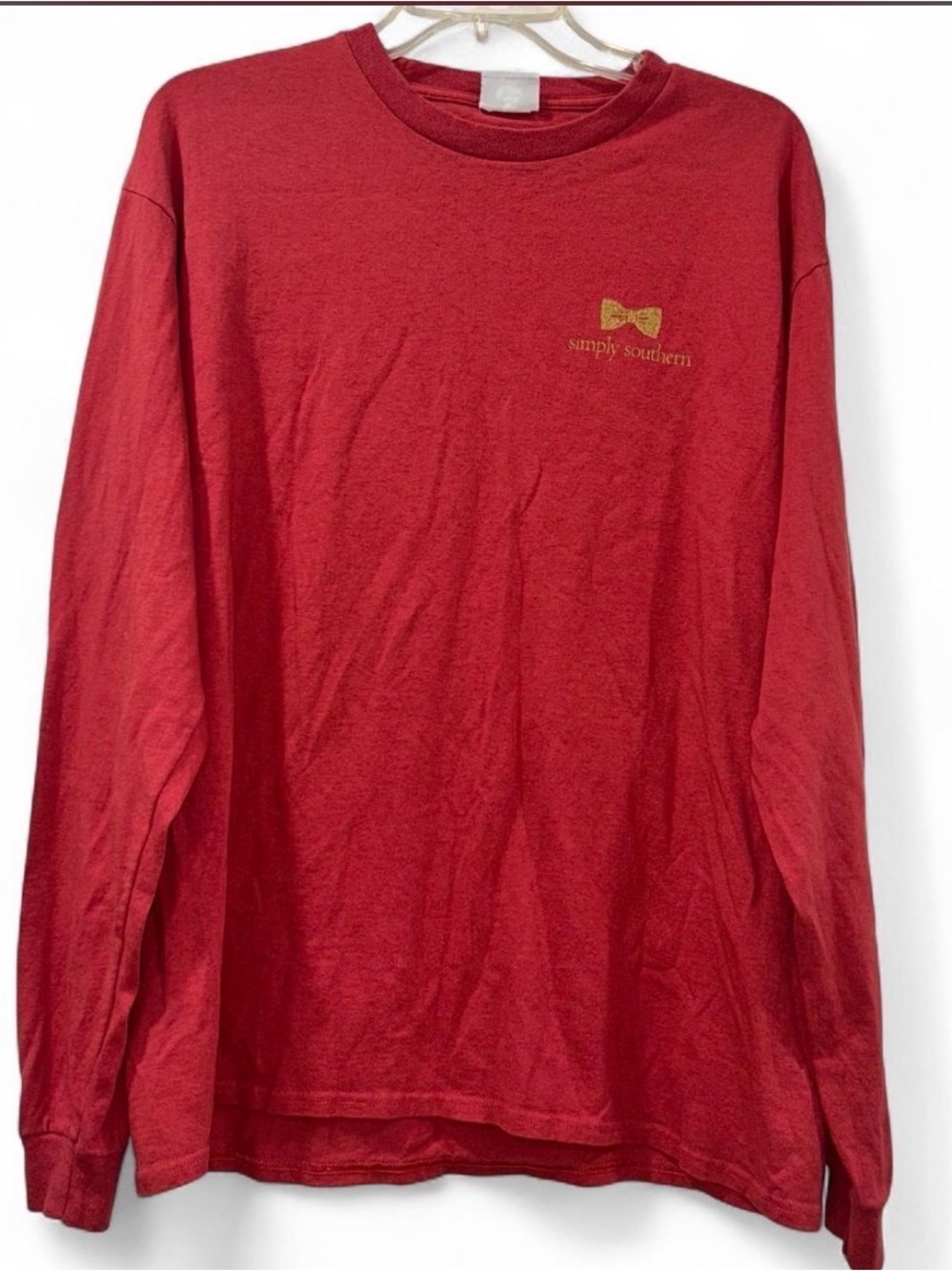 Simply Southern Fall Red Long Sleeve Tee with Gold Bow Logo